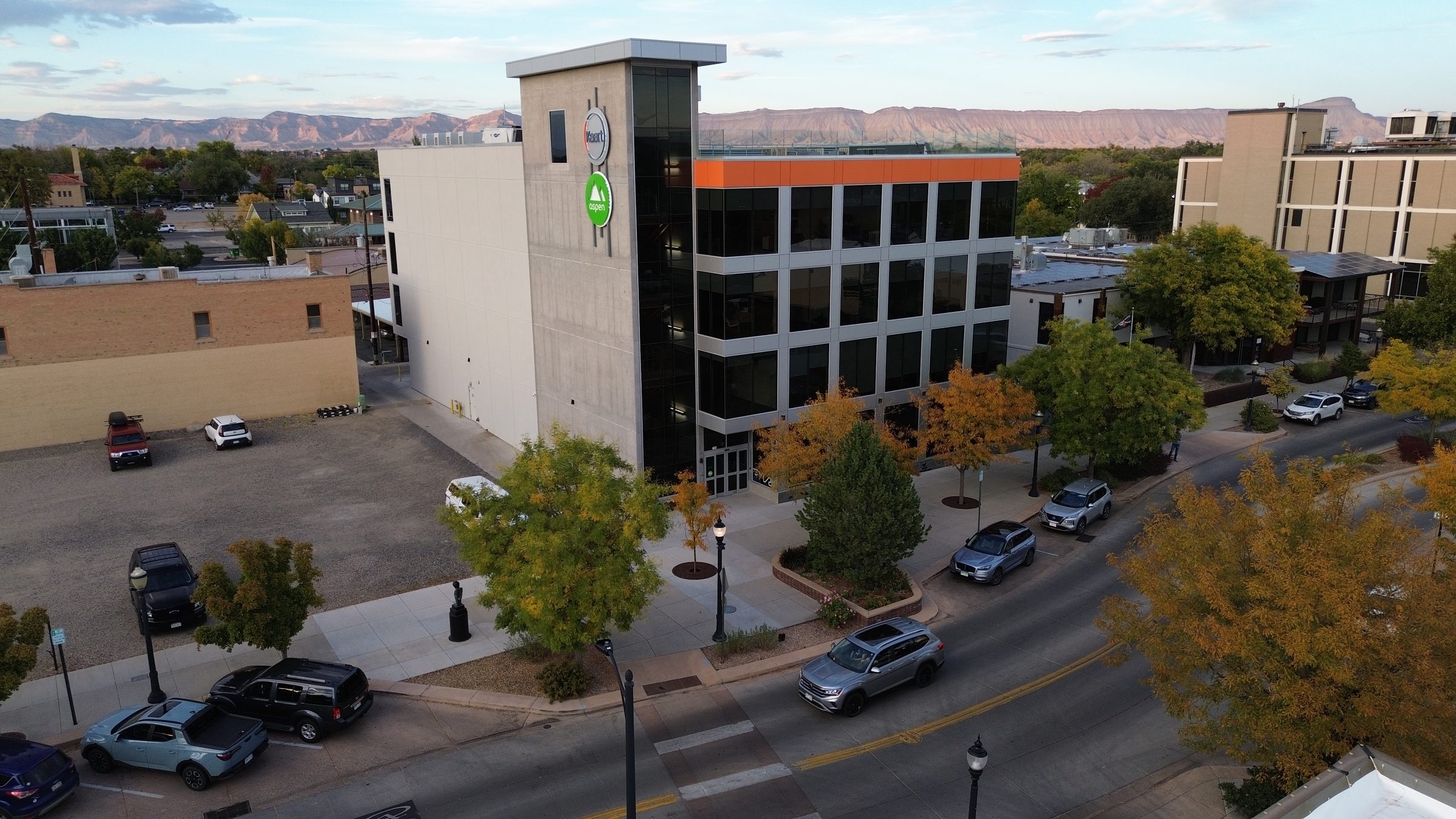 Aerial view of 734 Main with the Bookcliffs behind it